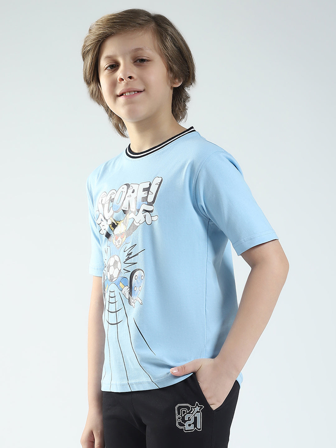 Boys Blue Printed Round Neck Half Sleeve T-Shirt
