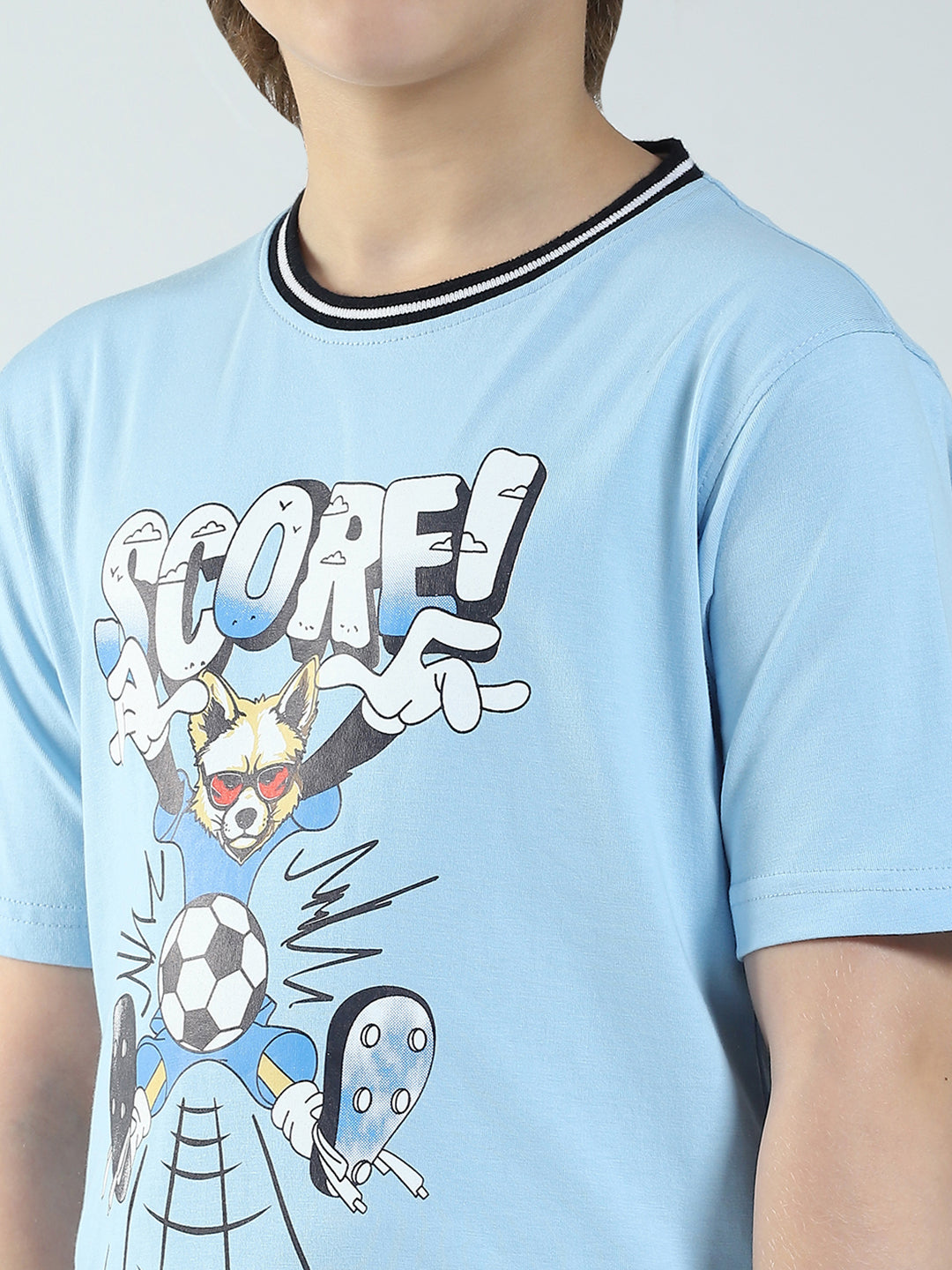 Boys Blue Printed Round Neck Half Sleeve T-Shirt