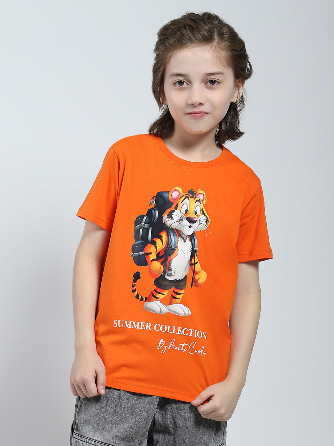 Boys Orange Printed Round Neck Half Sleeve T-Shirt