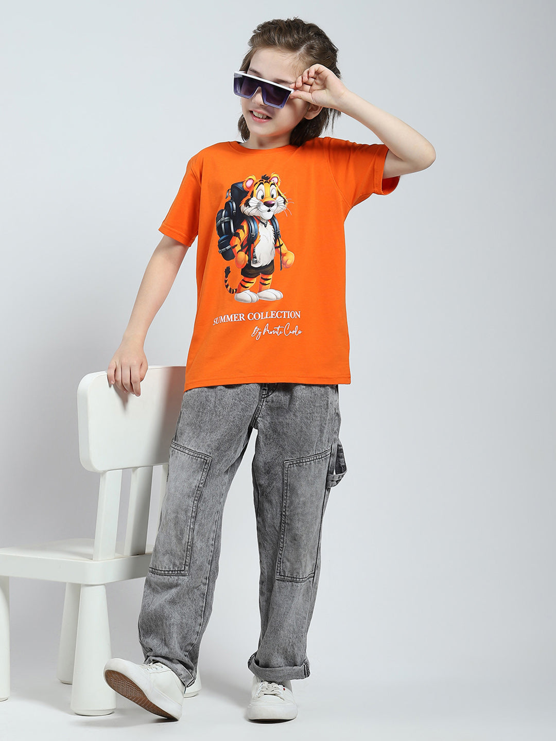 Boys Orange Printed Round Neck Half Sleeve T-Shirt