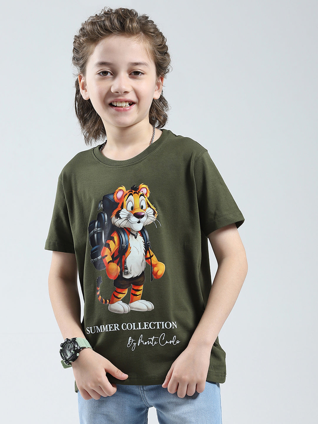 Boys Olive Printed Round Neck Half Sleeve T-Shirt