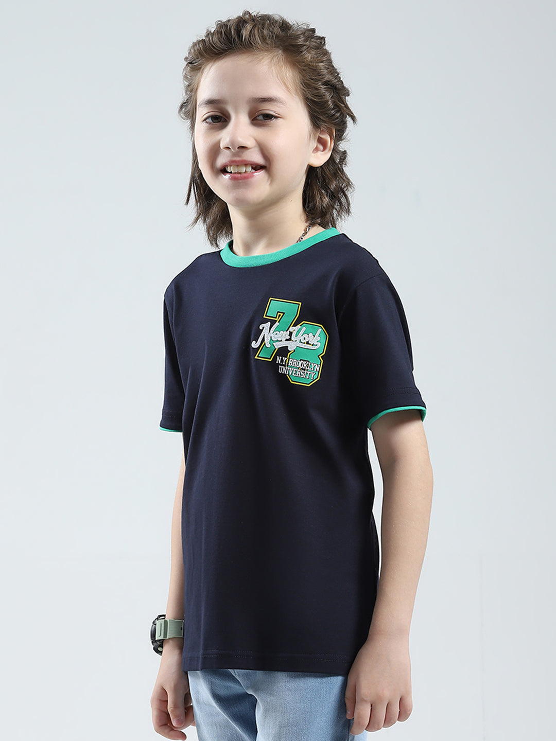 Boys Navy Blue Solid Round Neck Half Sleeve T-Shirt