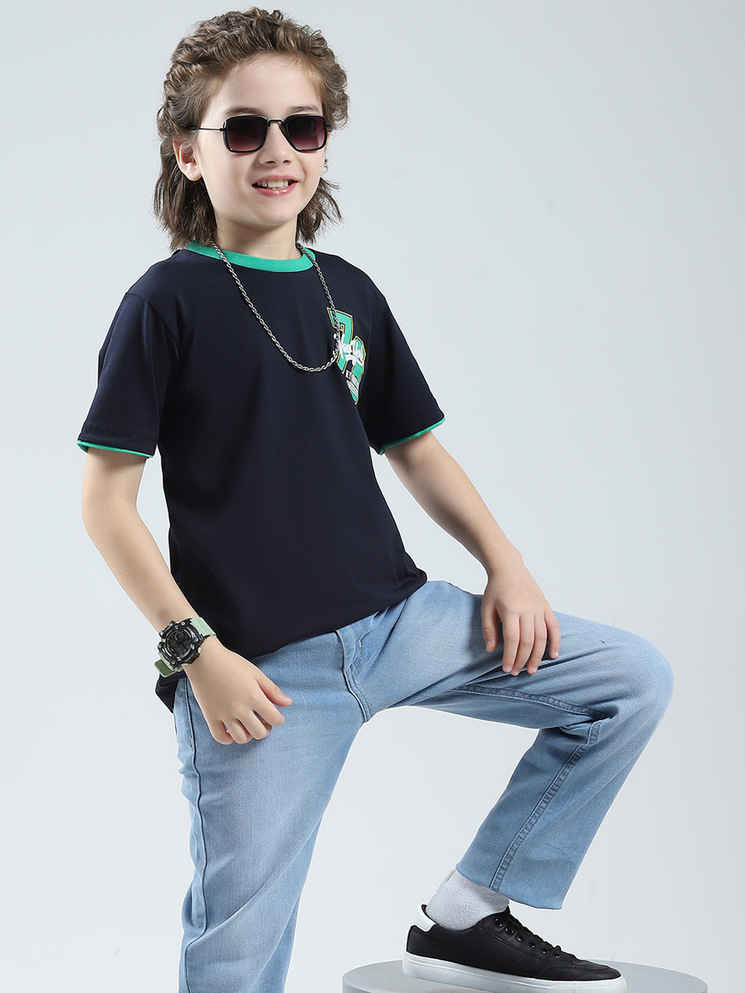 Boys Navy Blue Solid Round Neck Half Sleeve T-Shirt