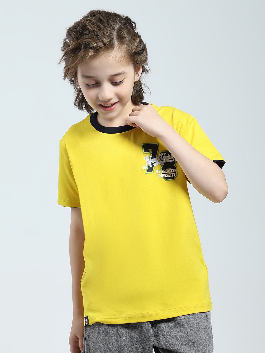 Boys Yellow Printed Round Neck Half Sleeve T-Shirt