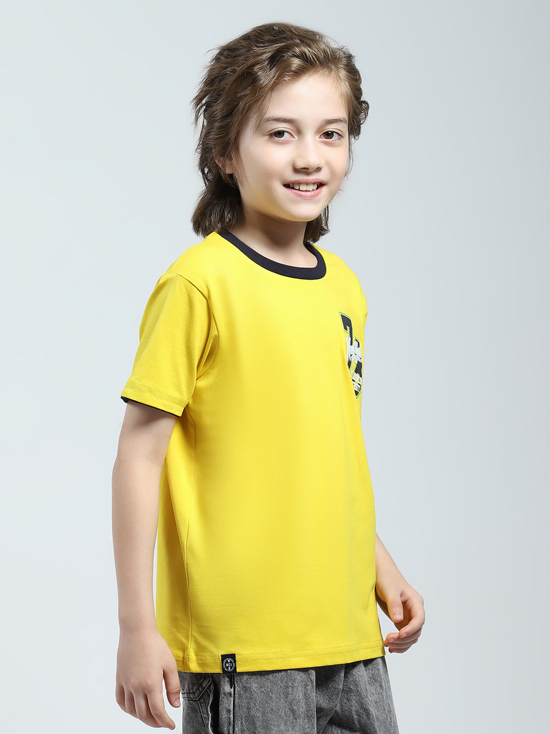 Boys Yellow Printed Round Neck Half Sleeve T-Shirt
