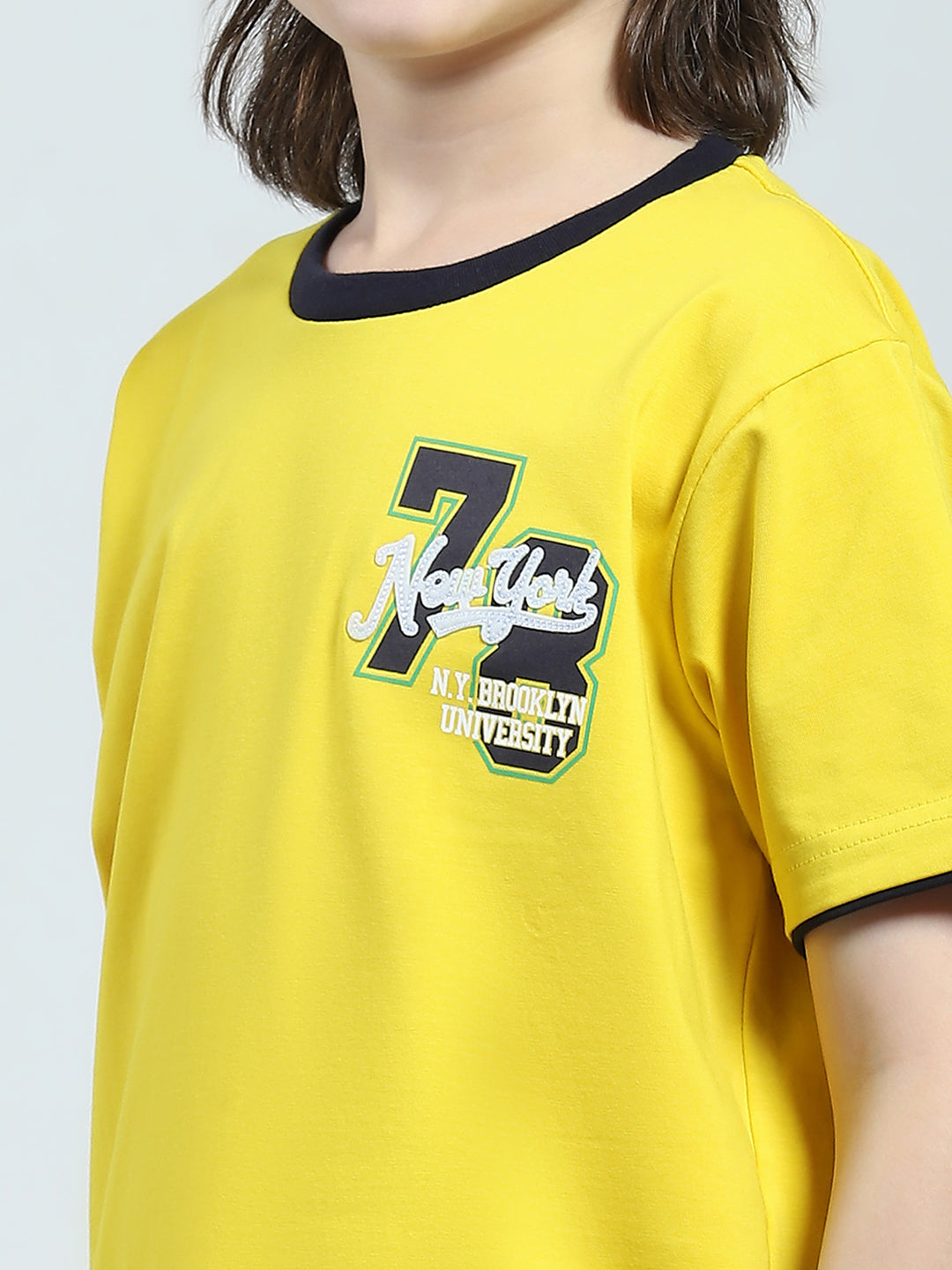 Boys Yellow Printed Round Neck Half Sleeve T-Shirt