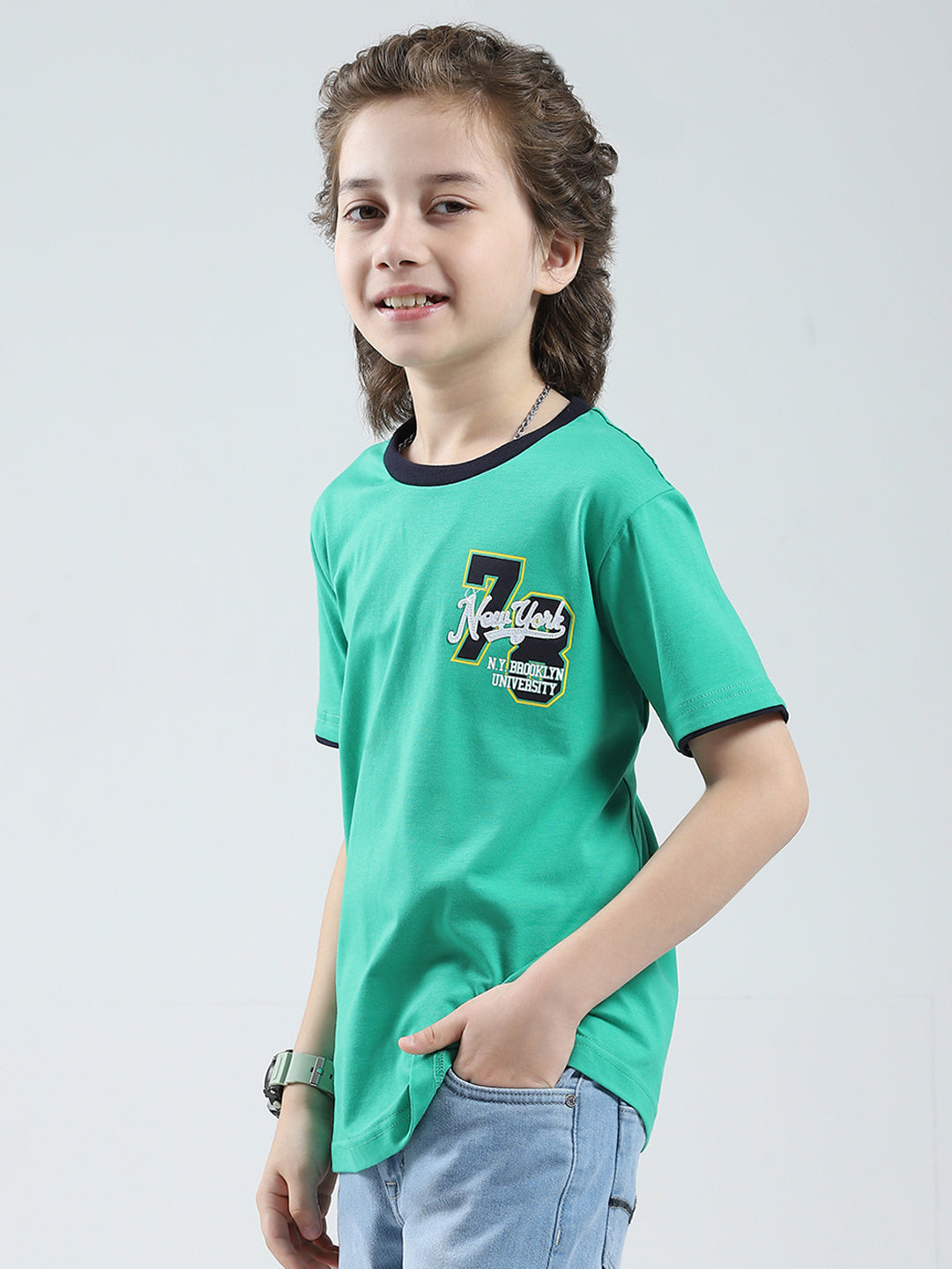 Boys Green Solid Round Neck Half Sleeve T-Shirt