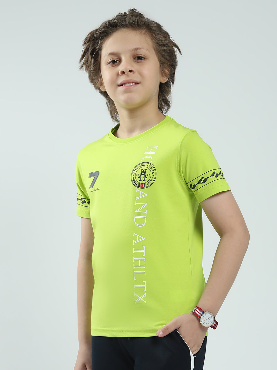 Boys Green Printed Round Neck Half Sleeve T-Shirt