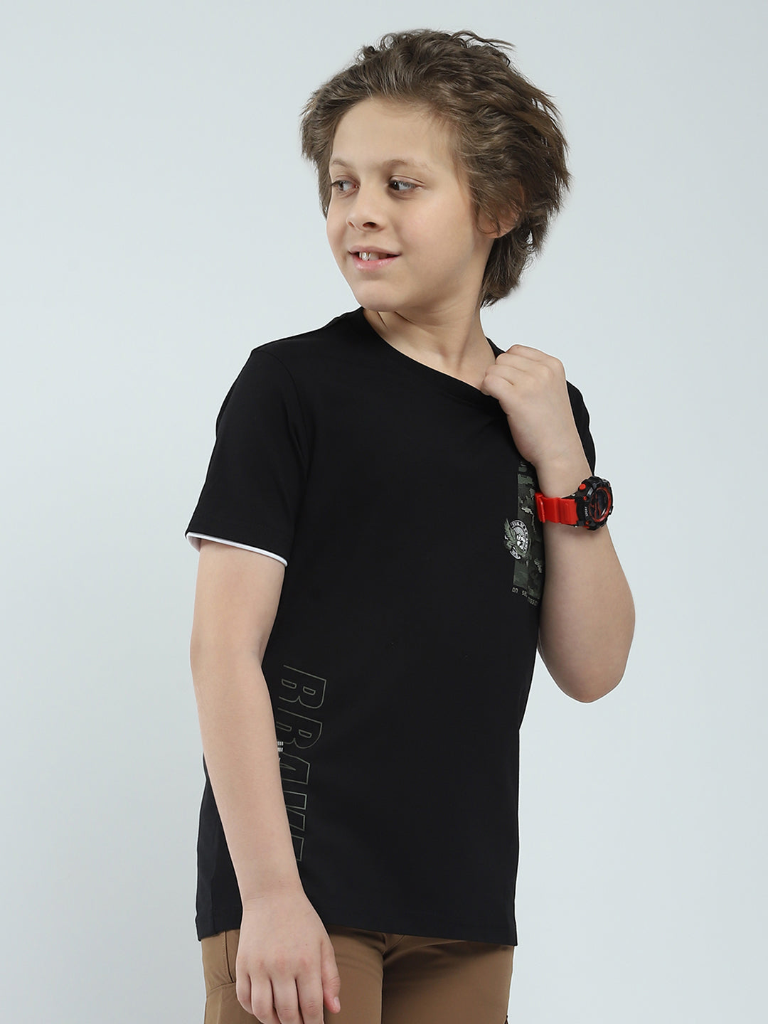 Boys Black Printed Round Neck Half Sleeve T-Shirt