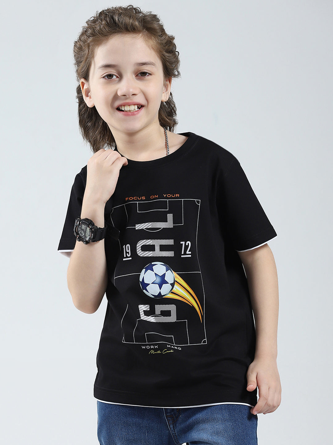 Boys Black Printed Round Neck Half Sleeve T-Shirt
