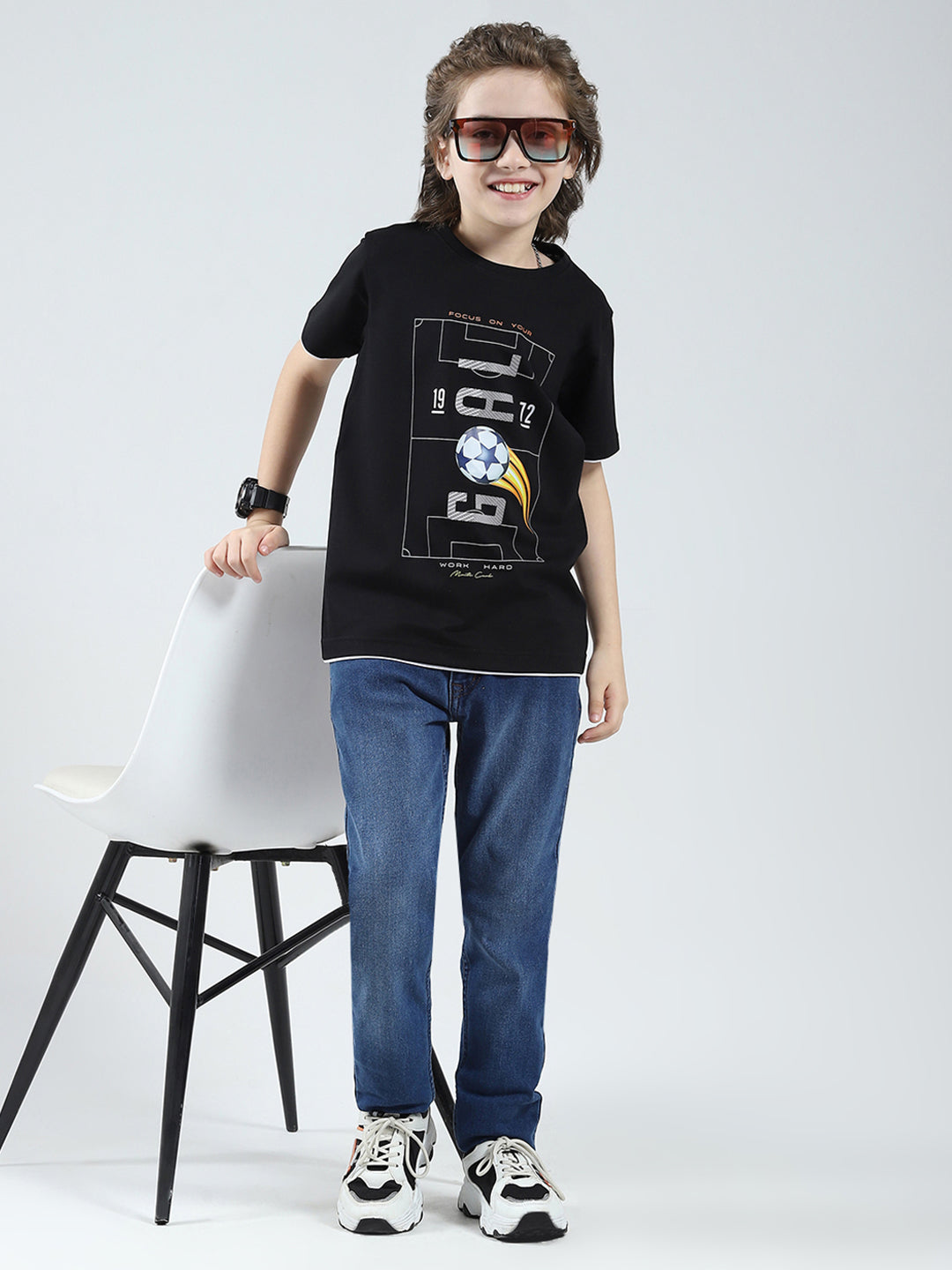 Boys Black Printed Round Neck Half Sleeve T-Shirt