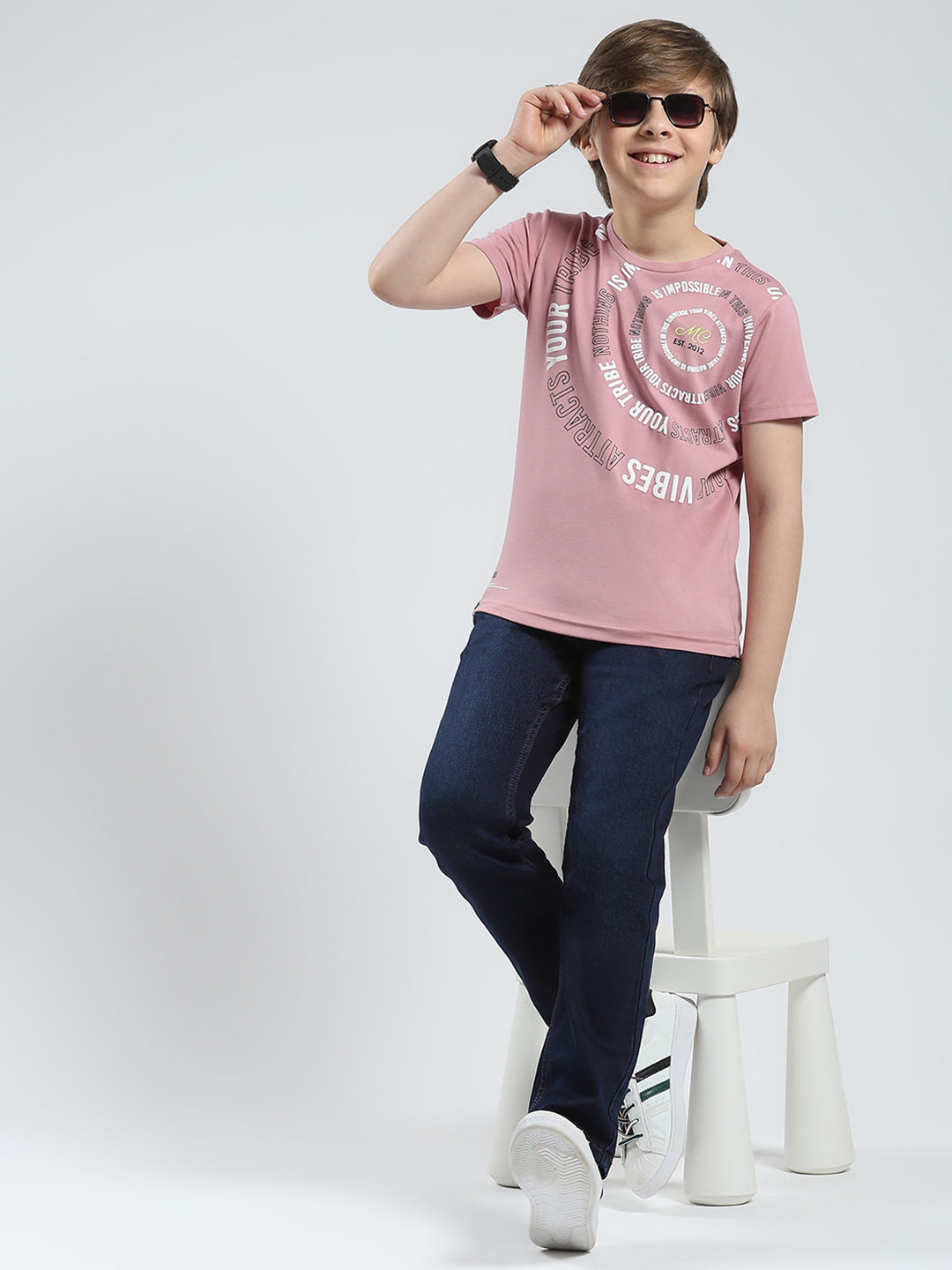 Boys Peach Printed Round Neck Half Sleeve T-Shirt
