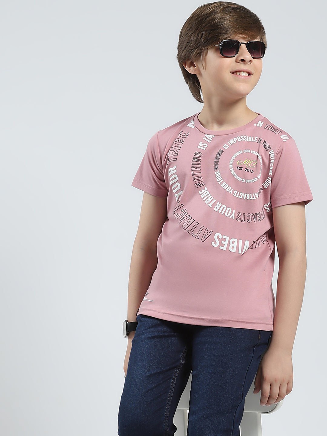 Boys Peach Printed Round Neck Half Sleeve T-Shirt