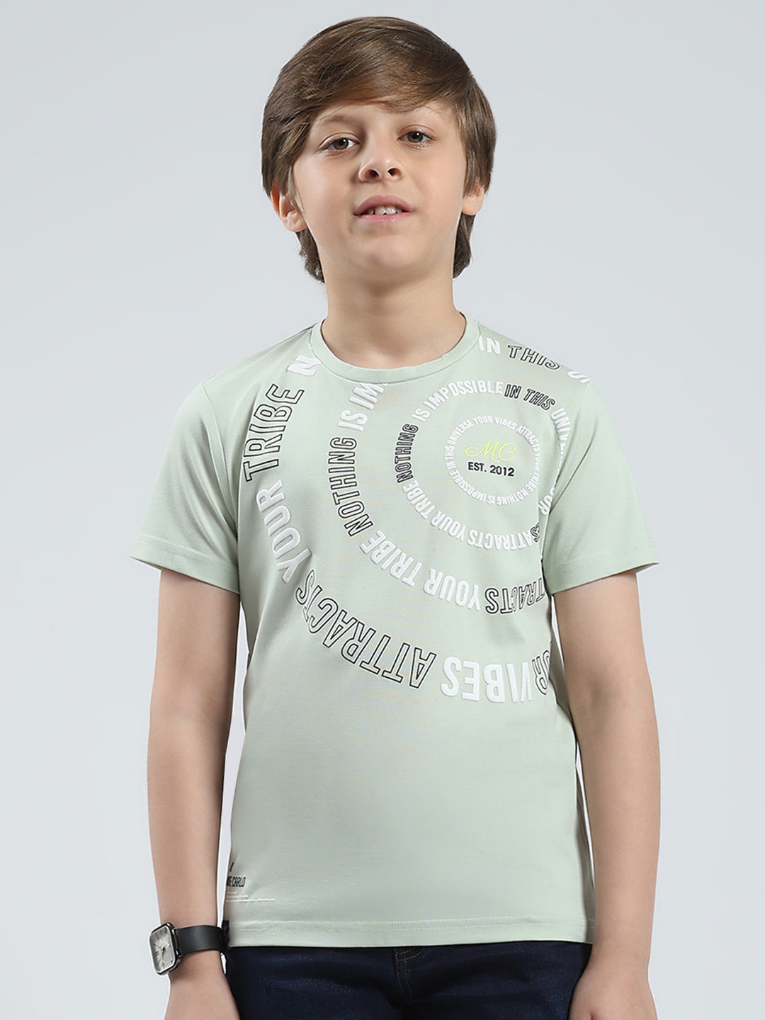 Boys Green Printed Round Neck Half Sleeve T-Shirt