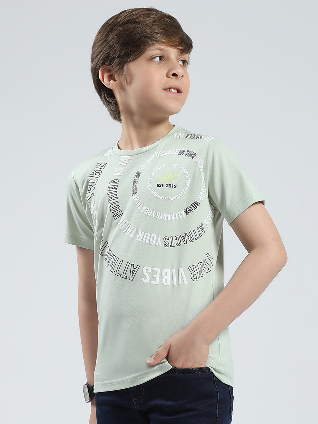 Boys Green Printed Round Neck Half Sleeve T-Shirt
