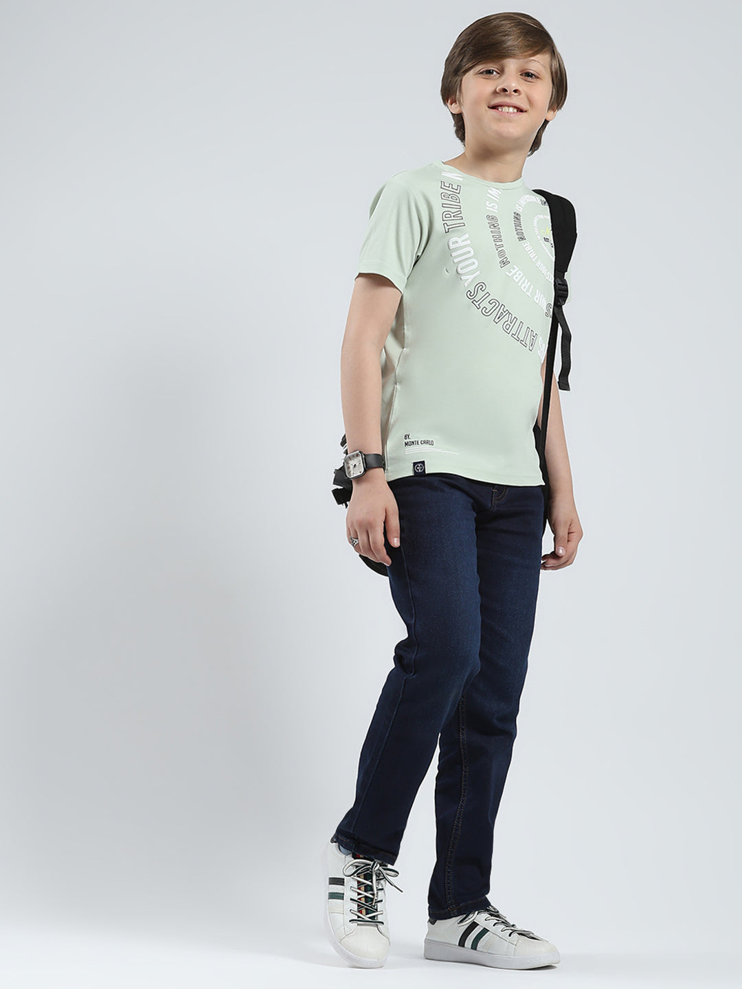 Boys Green Printed Round Neck Half Sleeve T-Shirt