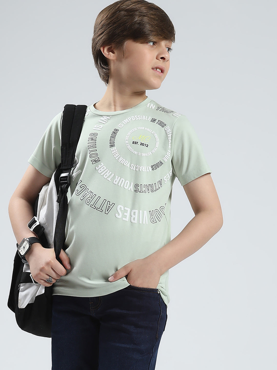 Boys Green Printed Round Neck Half Sleeve T-Shirt