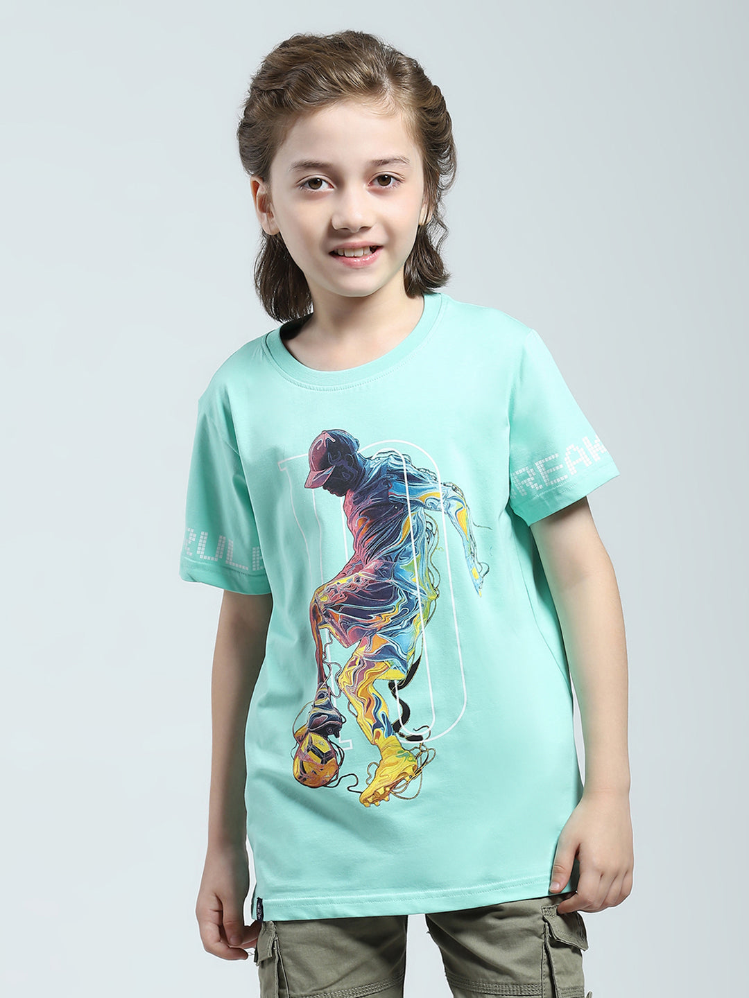 Boys Green Printed Round Neck Half Sleeve T-Shirt