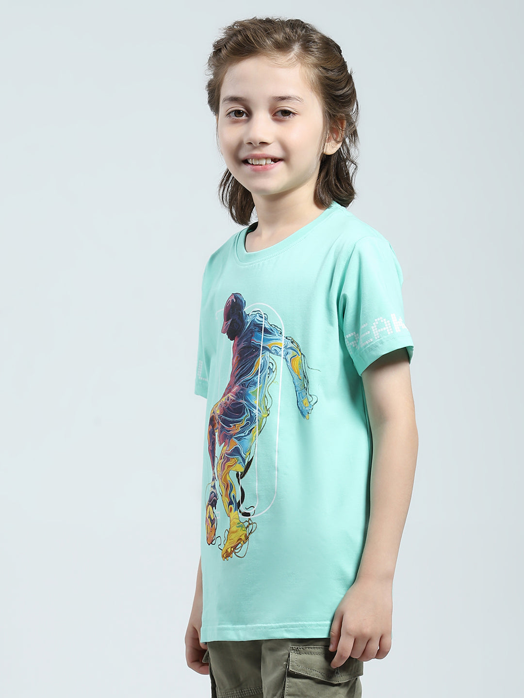 Boys Green Printed Round Neck Half Sleeve T-Shirt