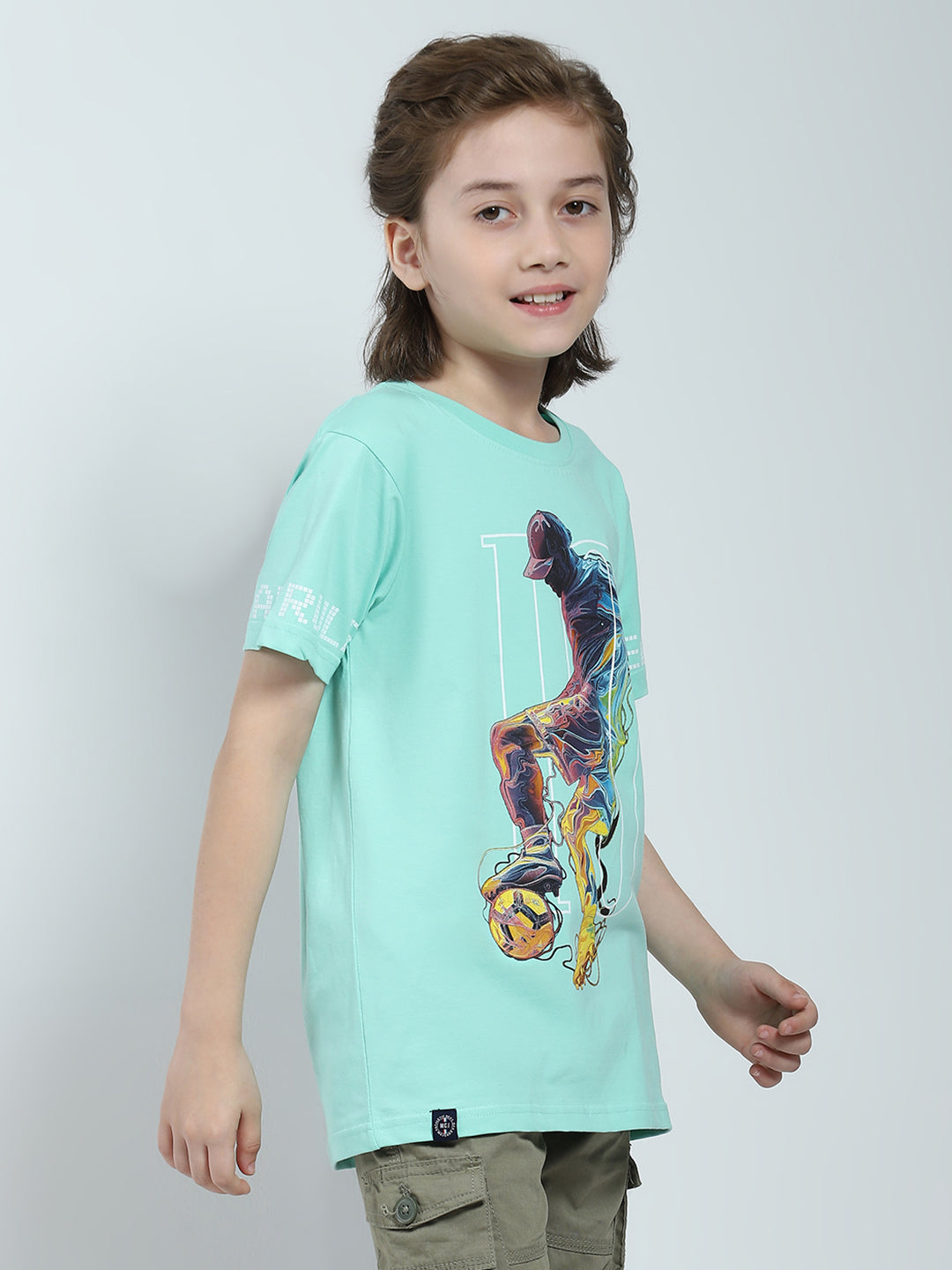 Boys Green Printed Round Neck Half Sleeve T-Shirt