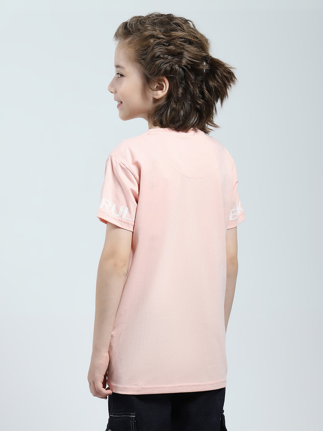 Boys Peach Printed Round Neck Half Sleeve T-Shirt