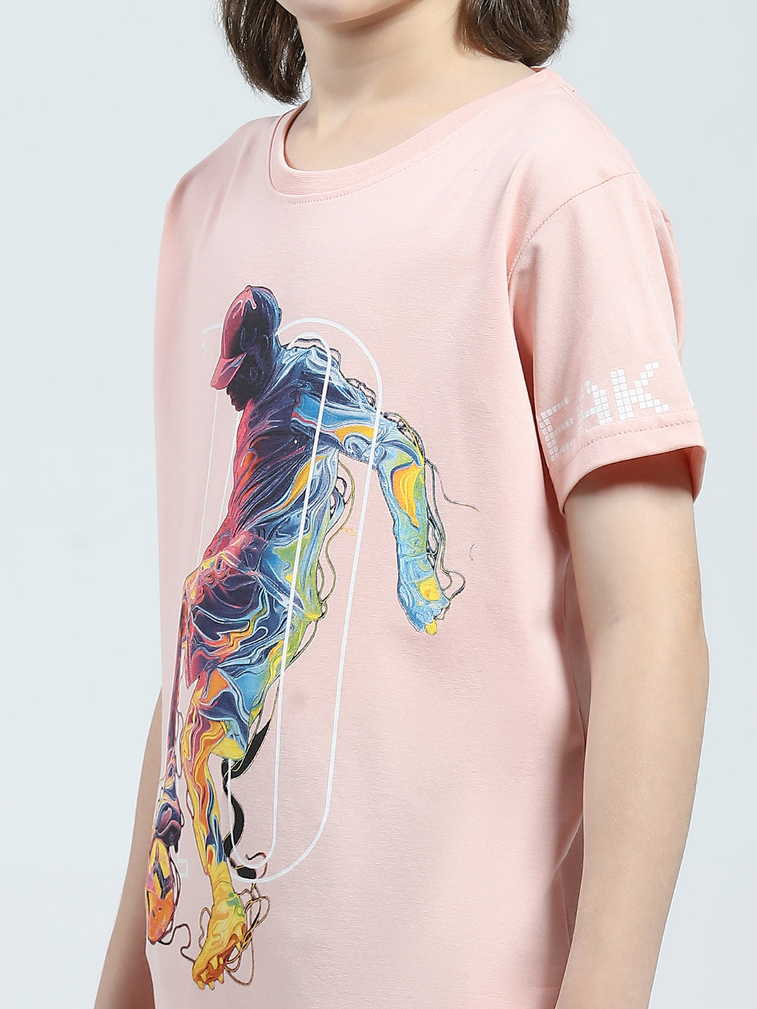Boys Peach Printed Round Neck Half Sleeve T-Shirt
