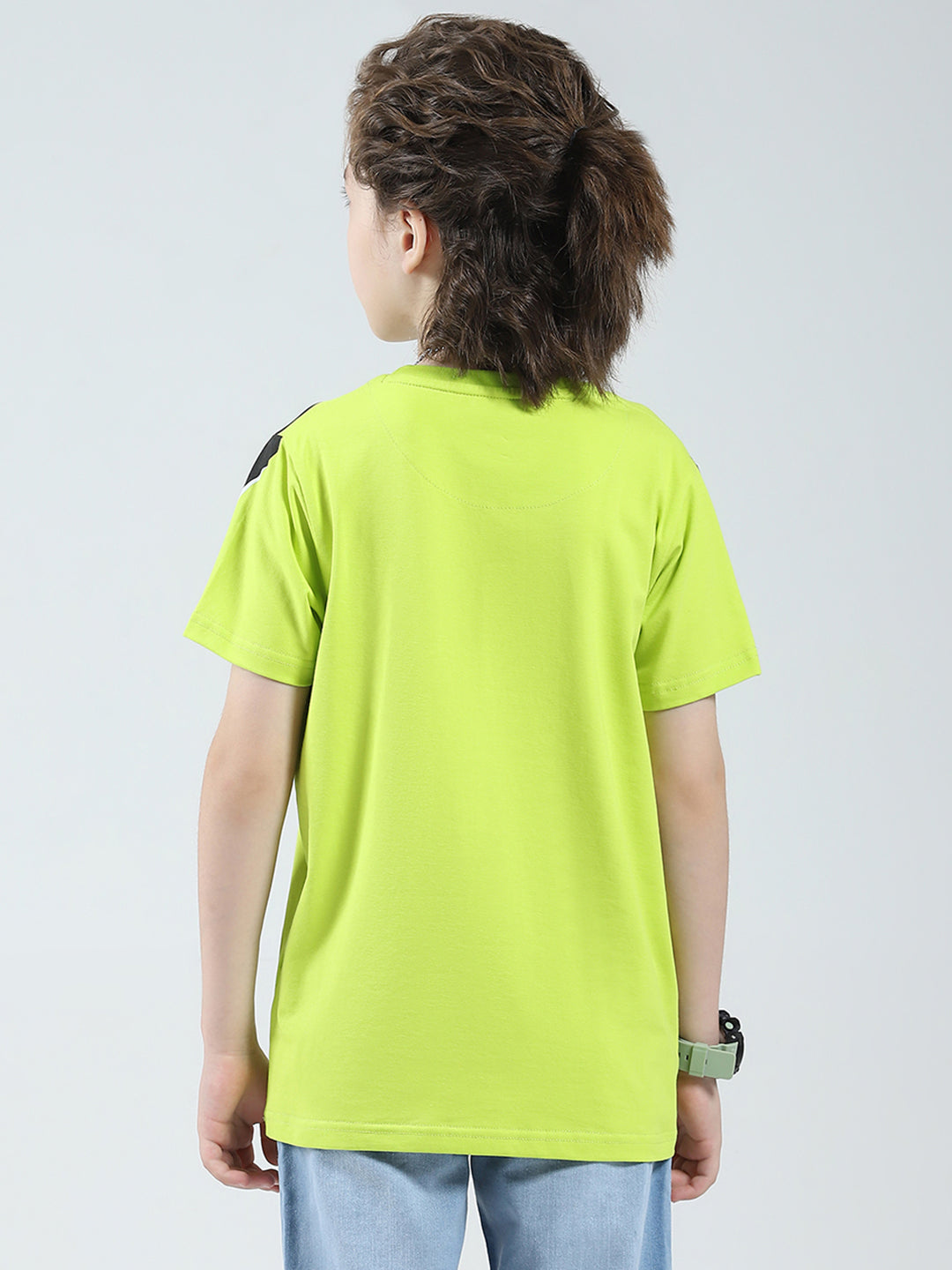 Boys Green Self Design Round Neck Half Sleeve T-Shirt