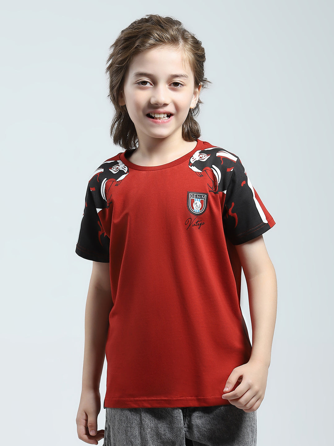 Boys Rust Printed Round Neck Half Sleeve T-Shirt