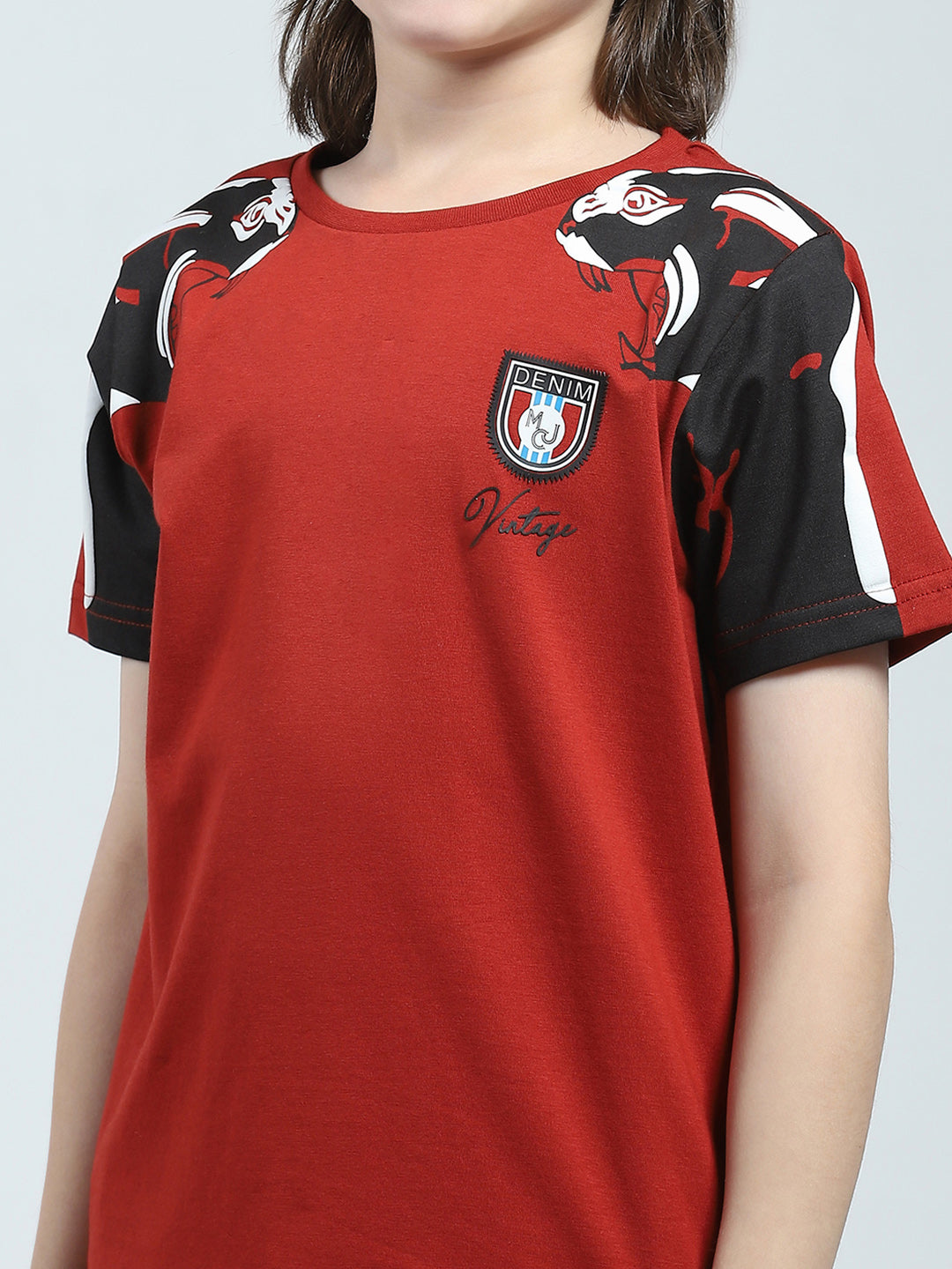 Boys Rust Printed Round Neck Half Sleeve T-Shirt