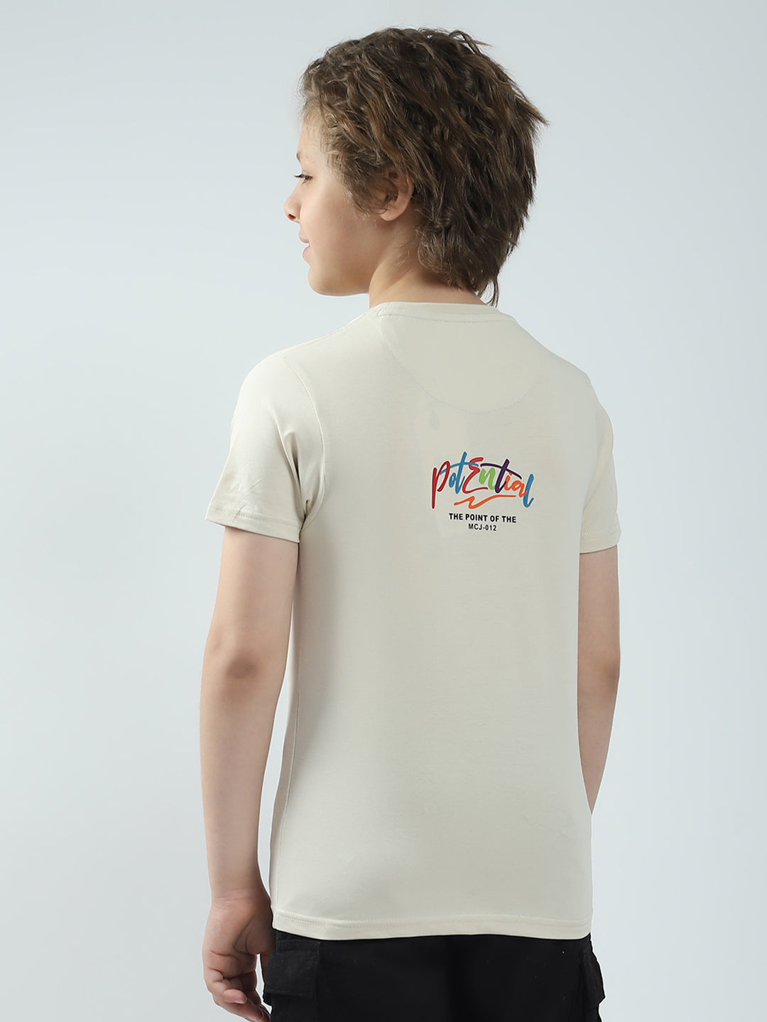 Boys Beige Printed Round Neck Half Sleeve T-Shirt