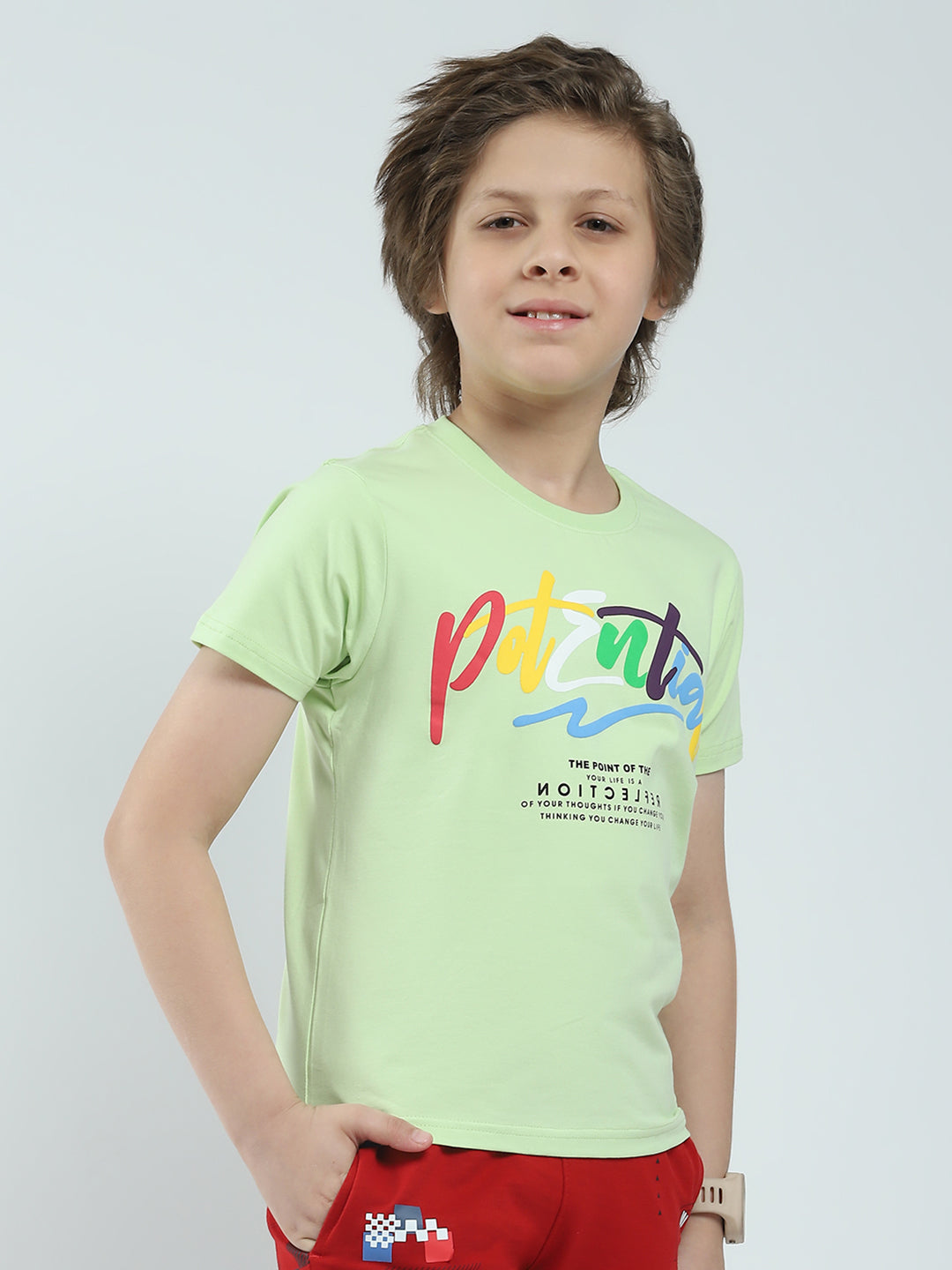 Boys Green Printed Round Neck Half Sleeve T-Shirt