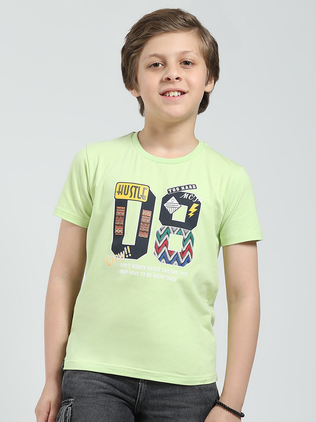 Boys Green Printed Round Neck Half Sleeve T-Shirt
