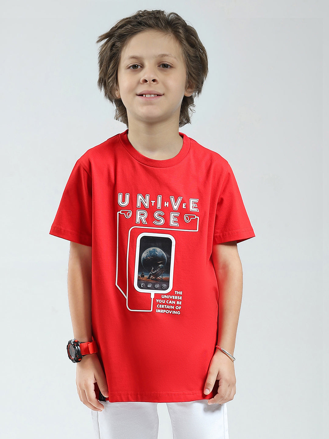 Boys Red Printed Round Neck Half Sleeve T-Shirt