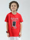 Boys Red Printed Round Neck Half Sleeve T-Shirt
