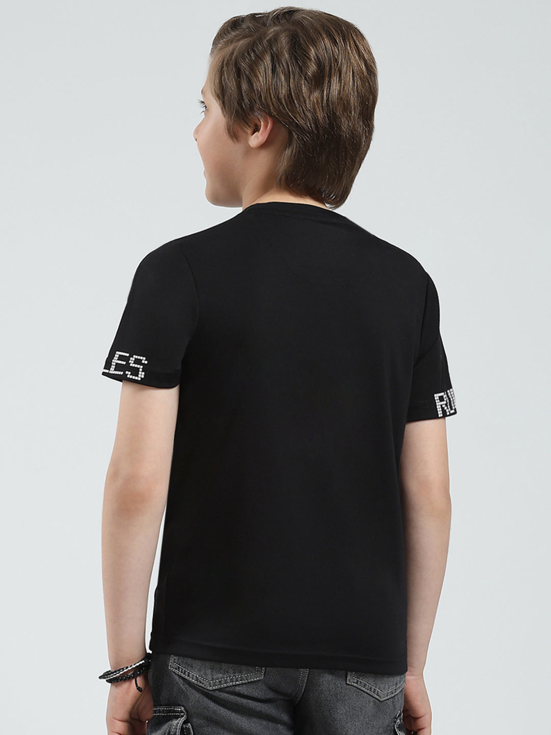 Boys Black Printed Round Neck Half Sleeve T-Shirt