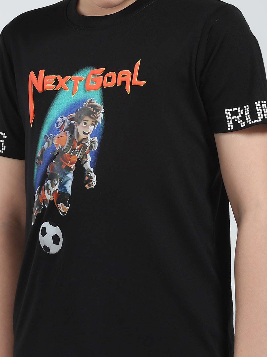 Boys Black Printed Round Neck Half Sleeve T-Shirt