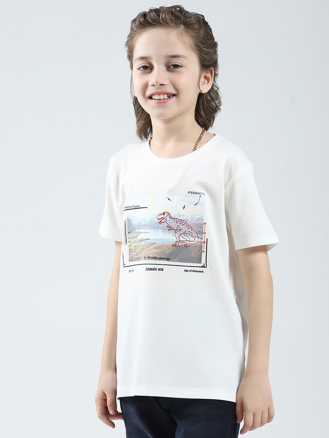 Boys White Printed Round Neck Half Sleeve T-Shirt