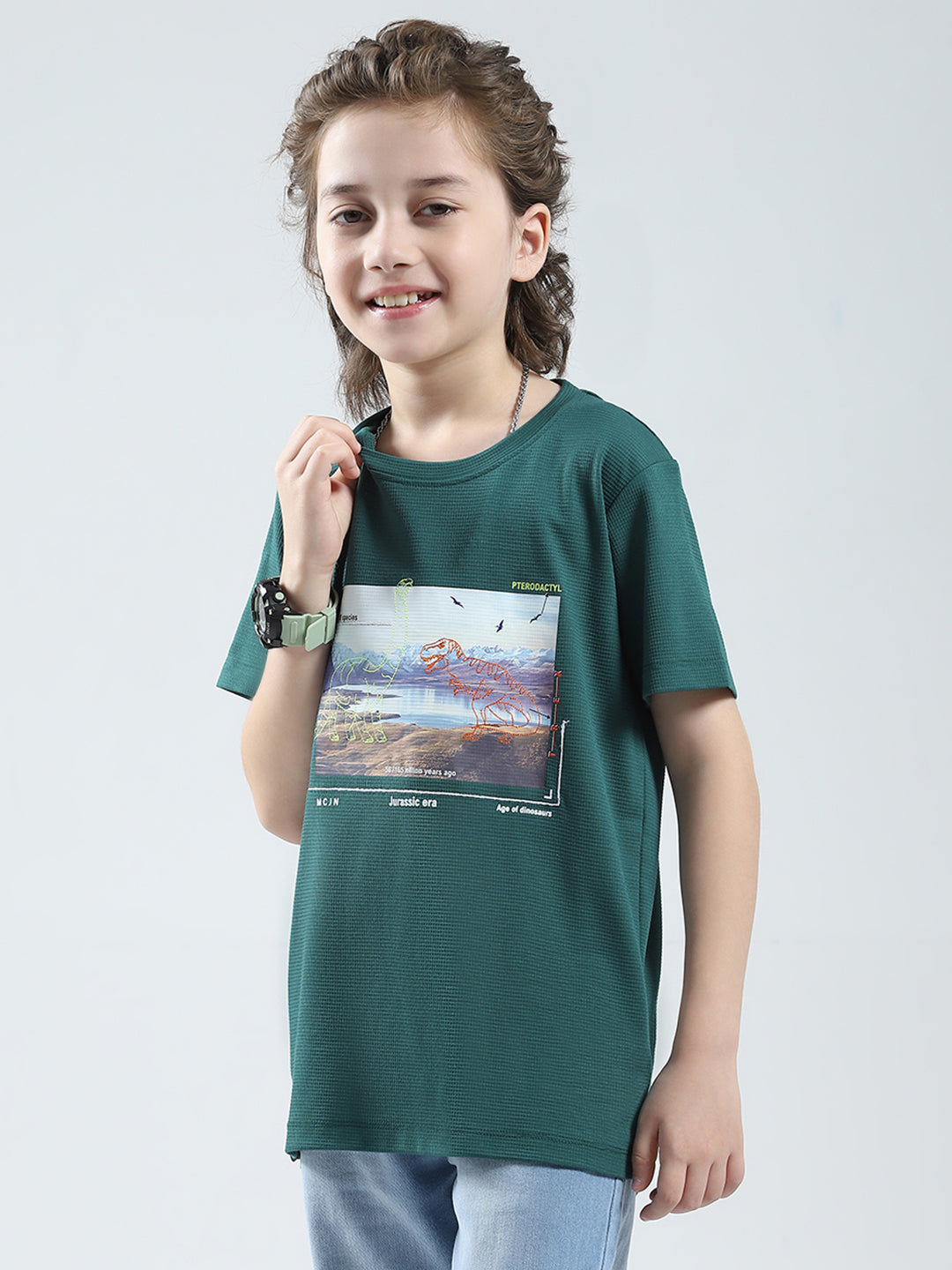 Boys Green Printed Round Neck Half Sleeve T-Shirt