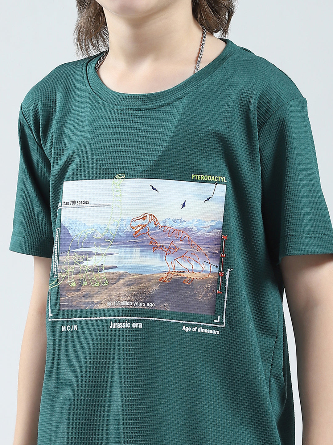 Boys Green Printed Round Neck Half Sleeve T-Shirt