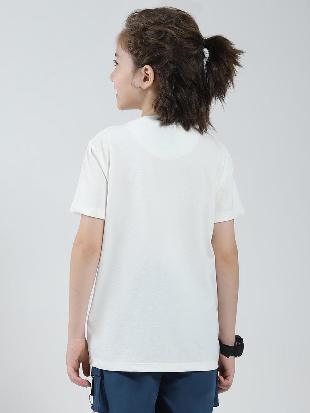 Boys White Printed Round Neck Half Sleeve T-Shirt