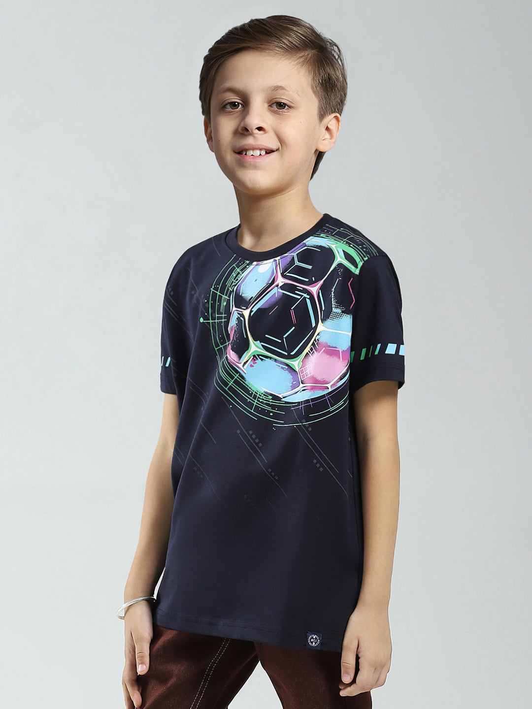 Boys Navy Blue Printed Round Neck Half Sleeve T-Shirt