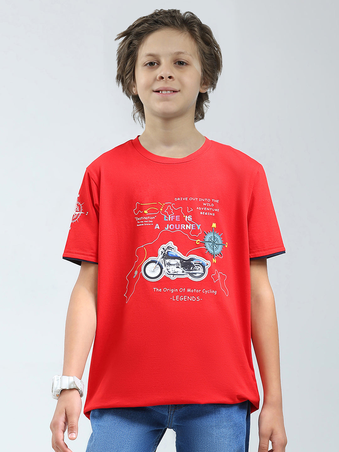 Boys Red Printed Round Neck Half Sleeve T-Shirt