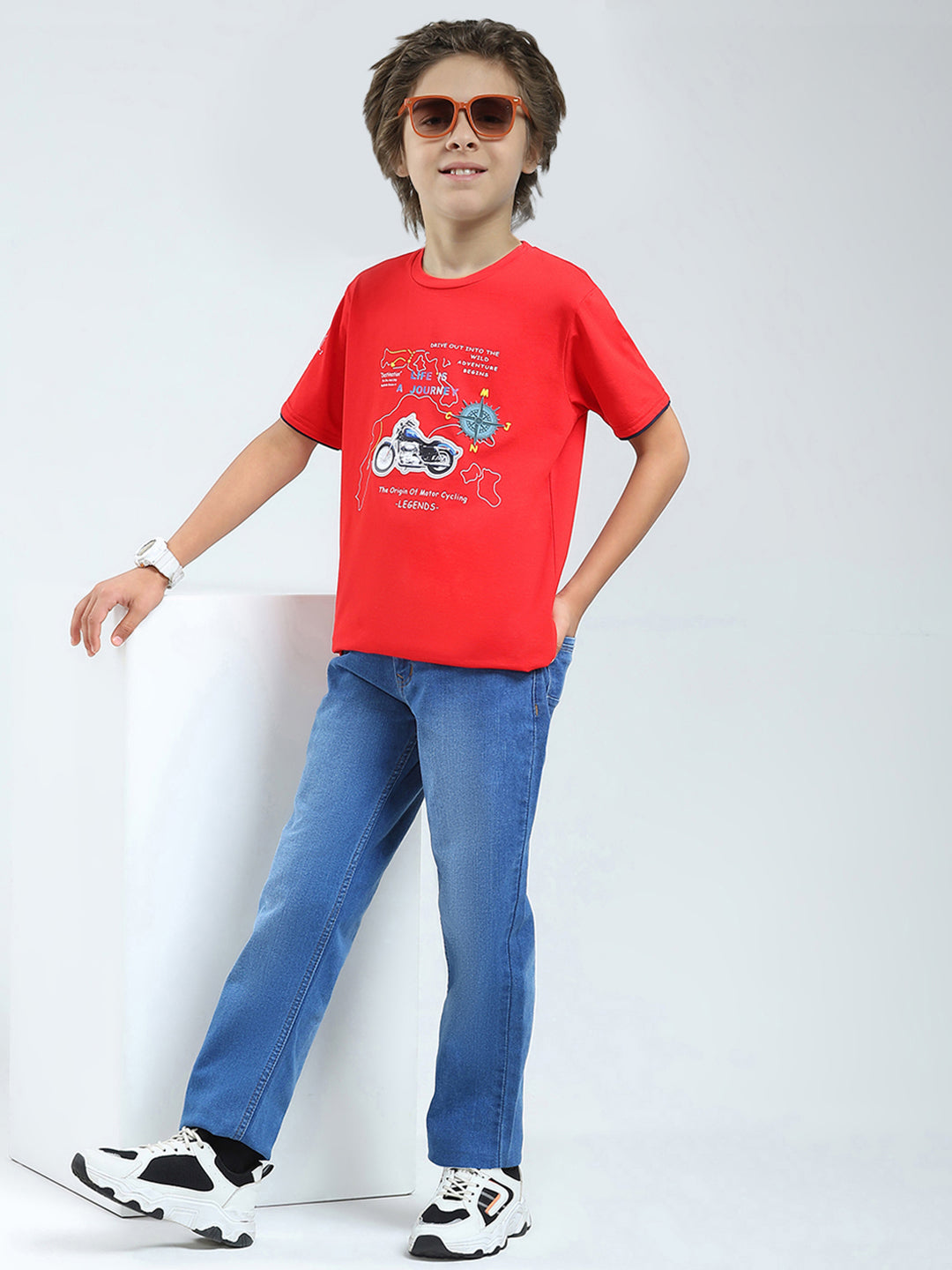 Boys Red Printed Round Neck Half Sleeve T-Shirt