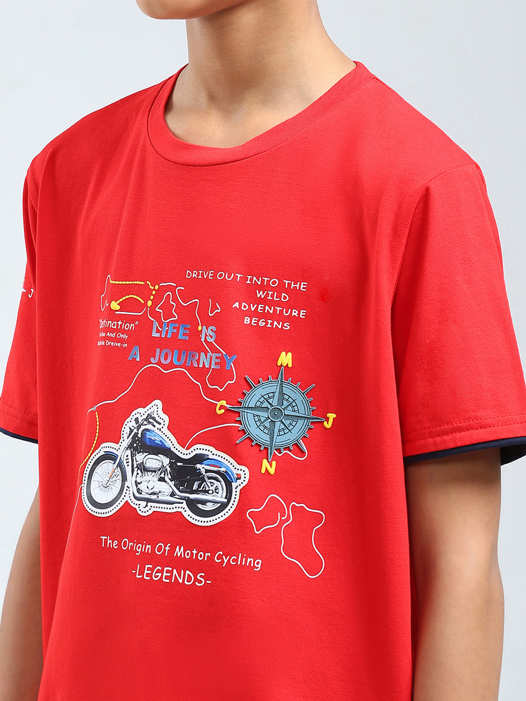 Boys Red Printed Round Neck Half Sleeve T-Shirt