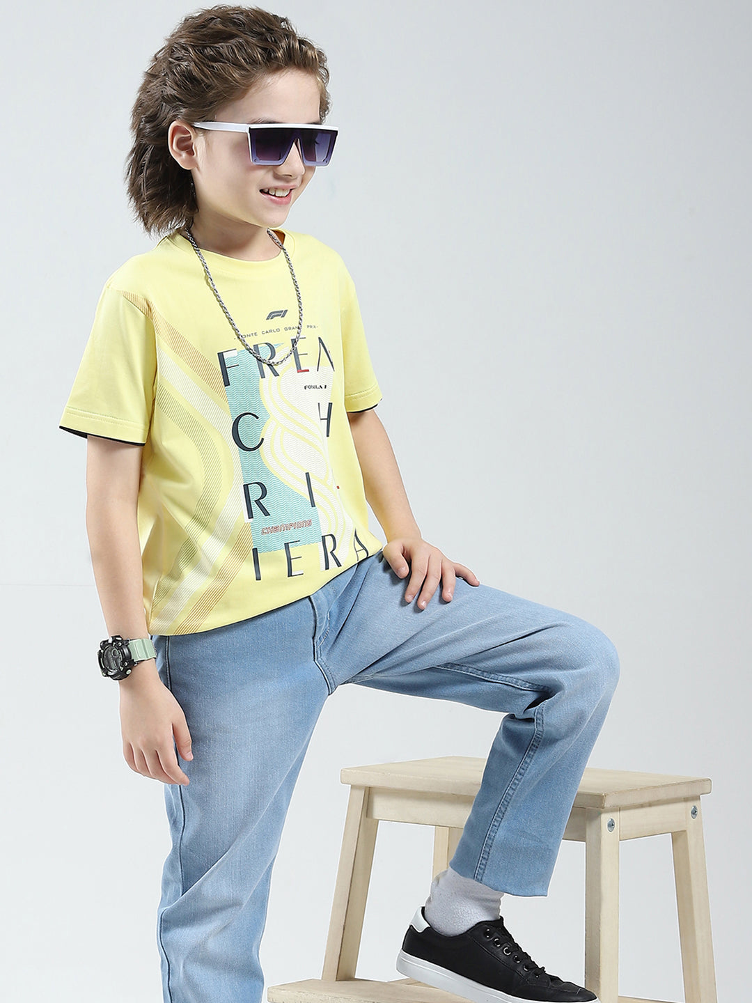 Boys Yellow Printed Round Neck Half Sleeve T-Shirt