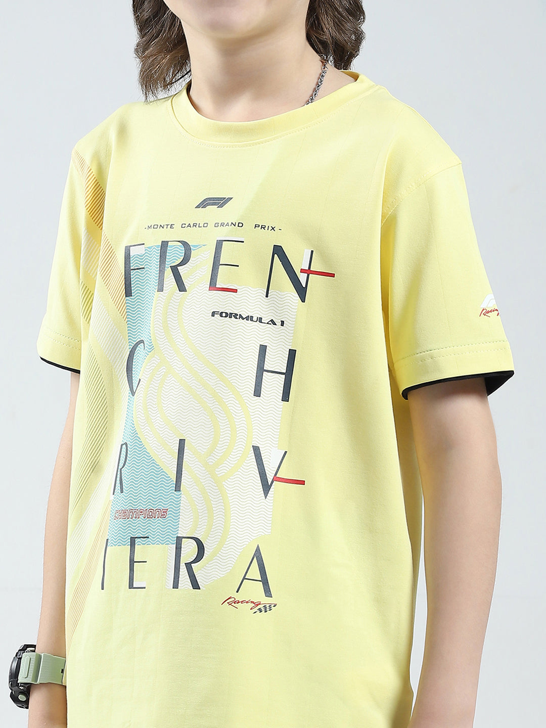 Boys Yellow Printed Round Neck Half Sleeve T-Shirt