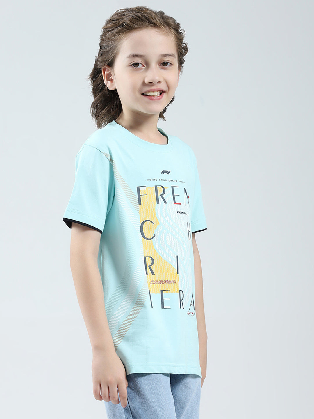 Boys Blue Printed Round Neck Half Sleeve T-Shirt