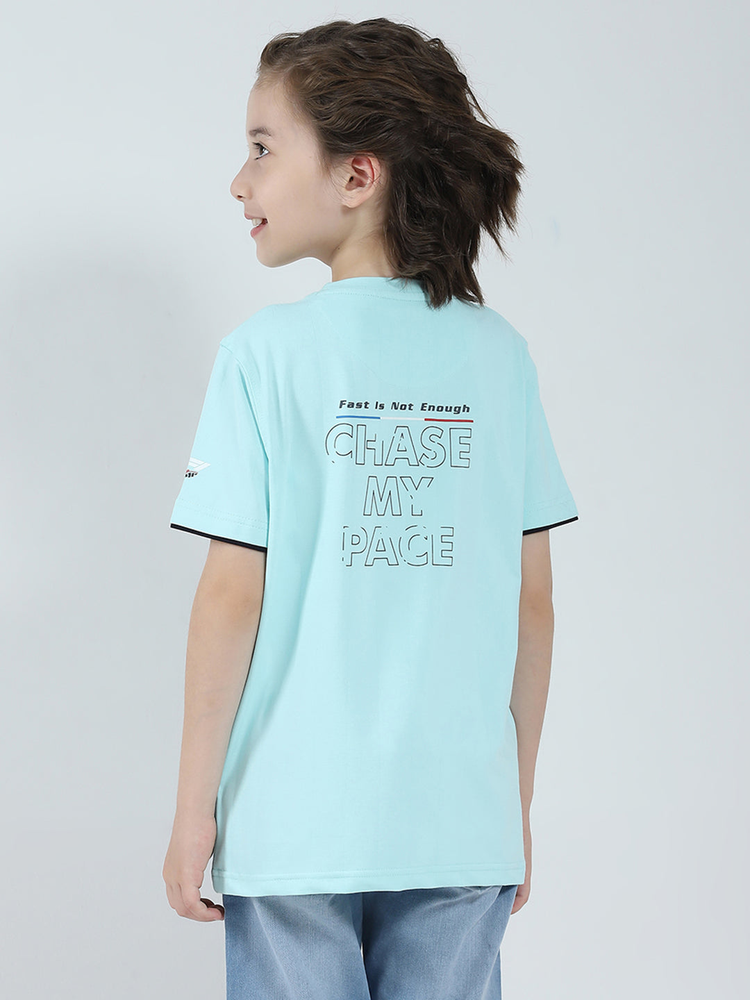 Boys Blue Printed Round Neck Half Sleeve T-Shirt