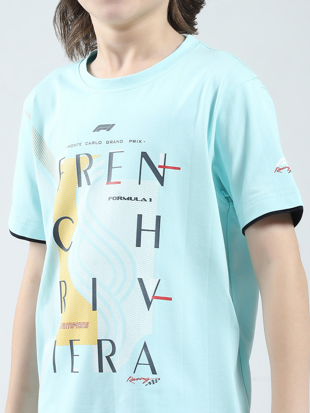 Boys Blue Printed Round Neck Half Sleeve T-Shirt