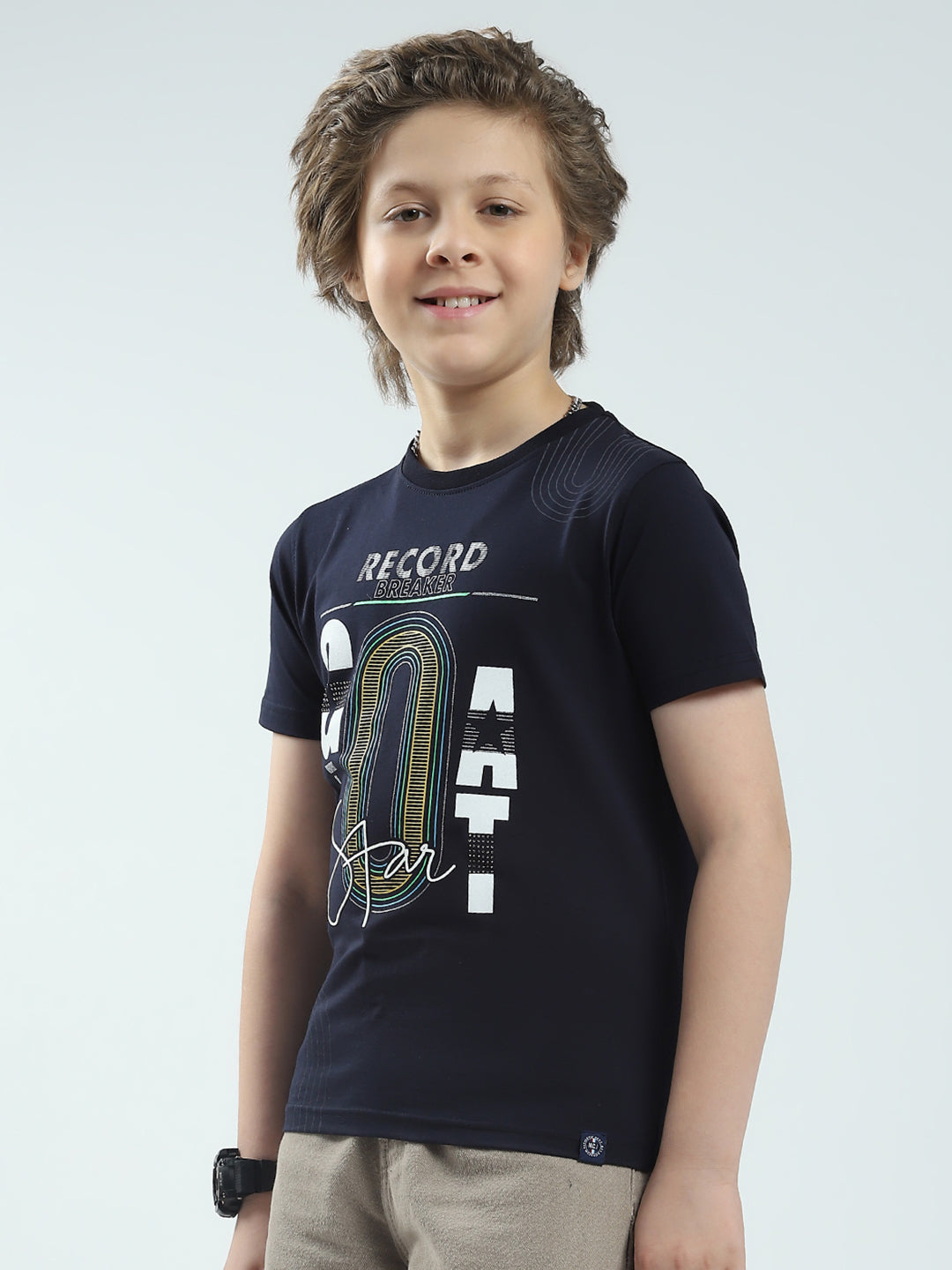 Boys Navy Blue Printed Round Neck Half Sleeve T-Shirt